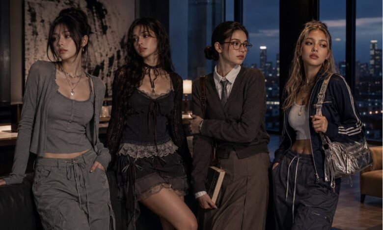 Four stylish girls in different fashion aesthetics posing in a city loft for a fashion quiz about personal style