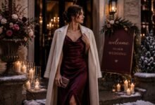 February wedding guest dress in burgundy satin with cream winter coat at a candlelit wedding venue