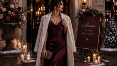 February wedding guest dress in burgundy satin with cream winter coat at a candlelit wedding venue