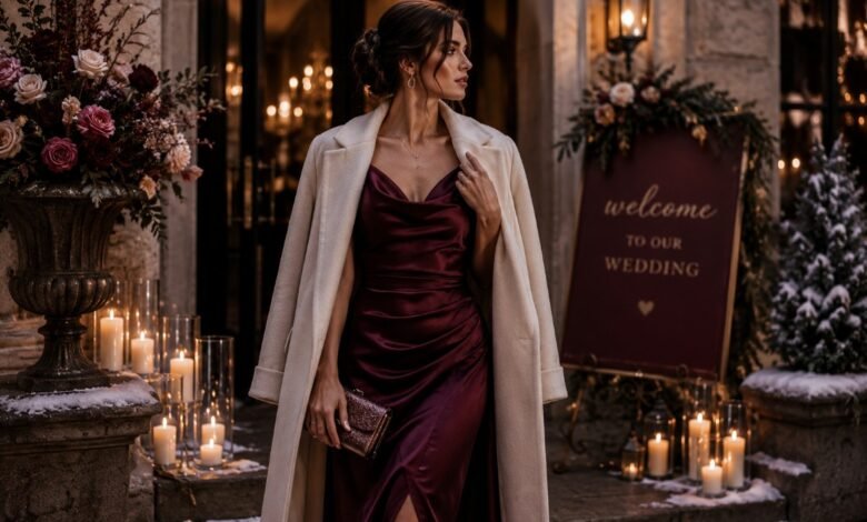 February wedding guest dress in burgundy satin with cream winter coat at a candlelit wedding venue