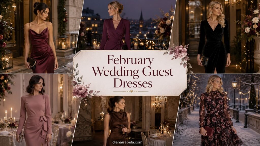 February wedding guest dresses collage with burgundy satin, plum wrap, black velvet, dusty rose, chocolate satin, and dark floral winter guest looks