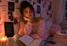 Teen girl overthinking first crush feelings in a cozy pink bedroom with journal, heart notes, phone, candles, books, and soft evening light