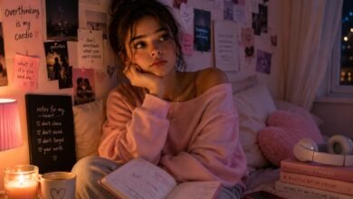 First Crush Feelings and the Emotional Circus Nobody Warns You About 4 Teen girl overthinking first crush feelings in a cozy pink bedroom with journal, heart notes, phone, candles, books, and soft evening light