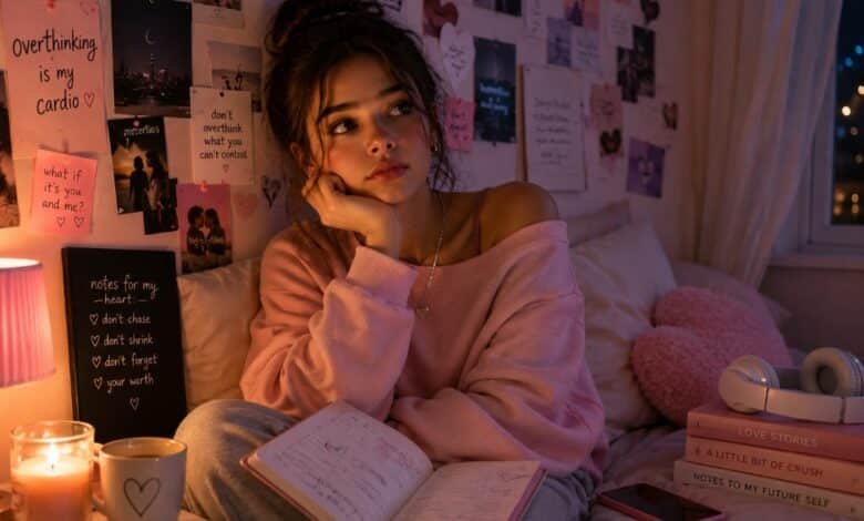 Teen girl overthinking first crush feelings in a cozy pink bedroom with journal, heart notes, phone, candles, books, and soft evening light