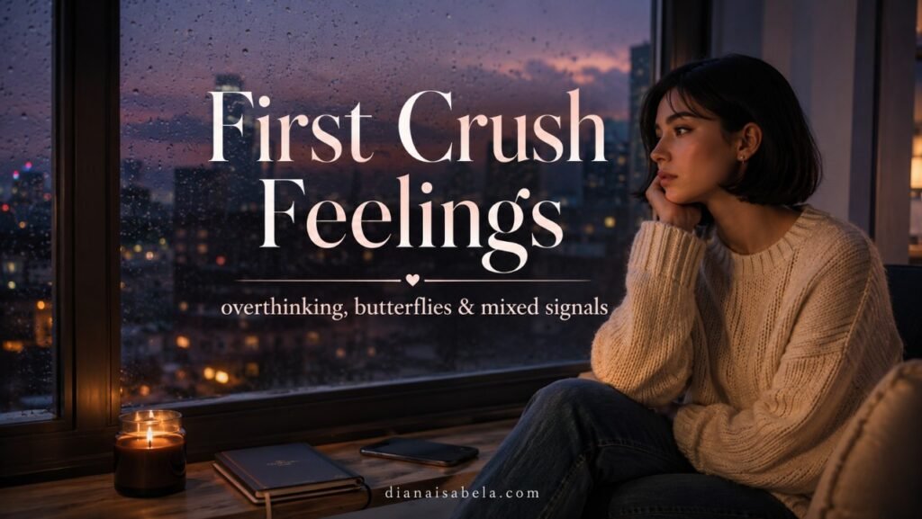 First crush feelings banner with a girl in a cream sweater by a rainy window, city lights, phone, candle, and centered text about overthinking, butterflies, and mixed signals