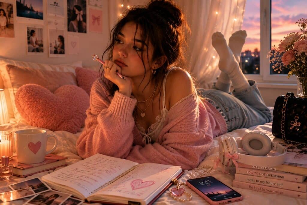 Teen girl overthinking first crush feelings in a warm pink bedroom with open journal, phone messages, heart pillow, headphones, candles, and love-themed books