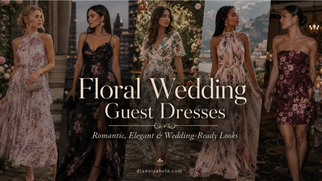 Floral Wedding Guest Dresses That Feel Romantic, Not Bridesmaid-ish 2 Floral wedding guest dresses collage banner with different women wearing romantic, dark, garden, and evening floral dresses