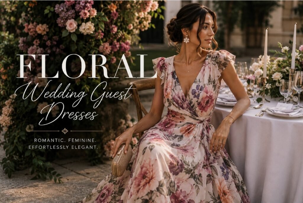 Floral Wedding Guest Dresses That Feel Romantic, Not Bridesmaid-ish 3 Floral wedding guest dresses banner with an elegant woman in a romantic floral dress at a garden wedding table