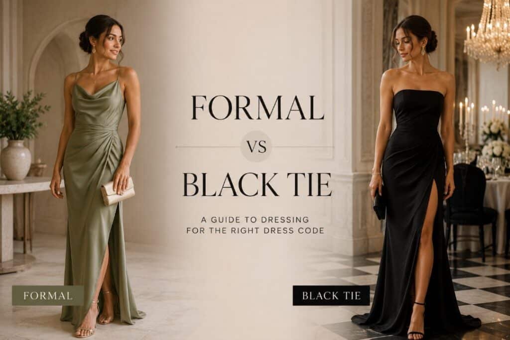Formal vs black tie wedding guest attire comparison with women in an olive formal gown and a black evening gown