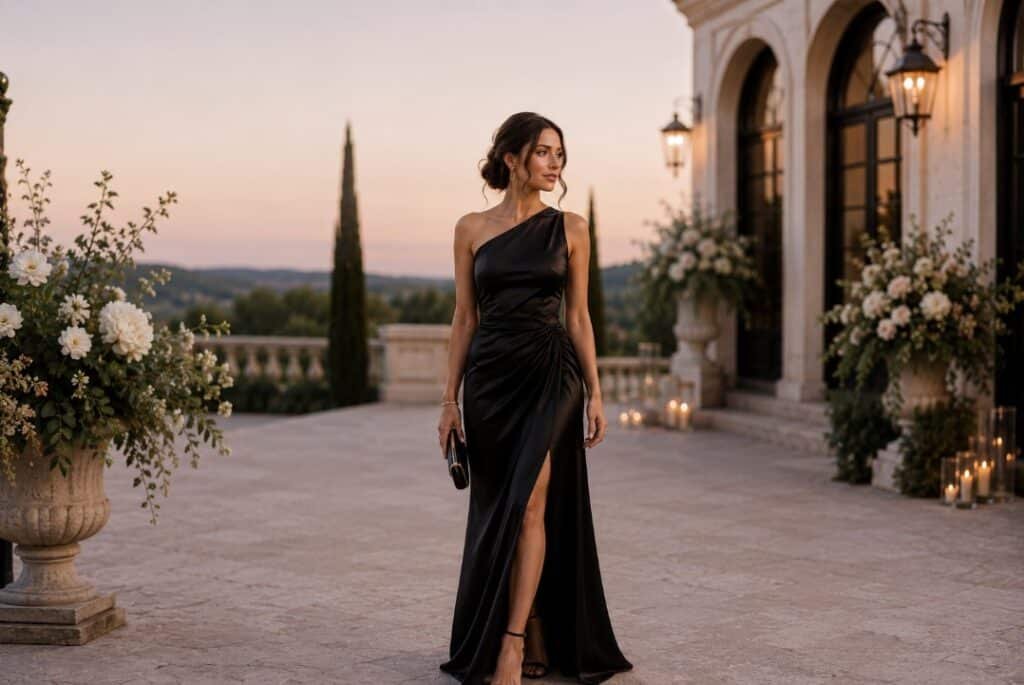 Woman wearing a black one shoulder gown for formal vs black tie wedding guest attire at an elegant evening venue