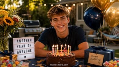 Funny birthday wishes for son with a cheerful backyard birthday party, smiling son, cake, gifts, balloons, candy, flowers, and playful family message ideas
