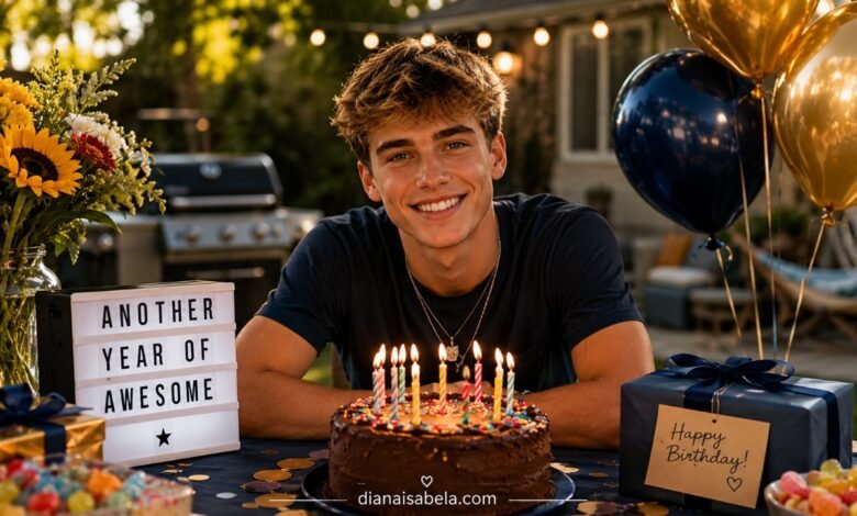 Funny birthday wishes for son with a cheerful backyard birthday party, smiling son, cake, gifts, balloons, candy, flowers, and playful family message ideas