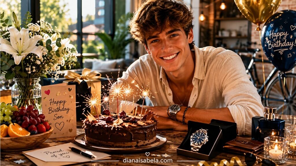 Funny birthday wishes for son with a cheerful birthday cake, sparklers, gifts, watch, handwritten card, balloons, and playful parent message ideas