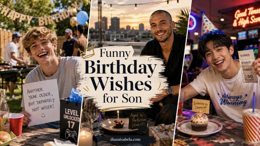 Funny birthday wishes for son with playful birthday scenes, laughing sons, cake, party games, funny cards, confetti, and warm parent message ideas