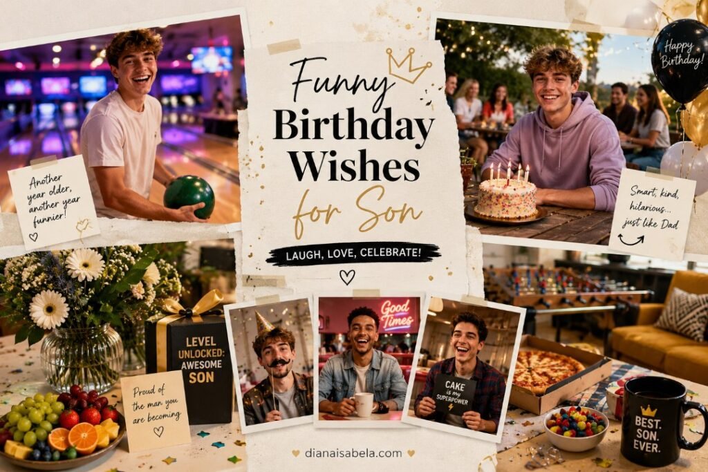 Funny birthday wishes for son with laughing birthday moments, playful party scenes, cake, gifts, games, funny notes, and warm parent message ideas