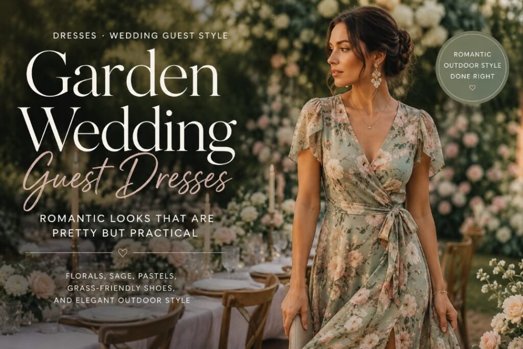 Stylish garden wedding guest in a lavender tea-length dress with block heels at an elegant botanical garden wedding