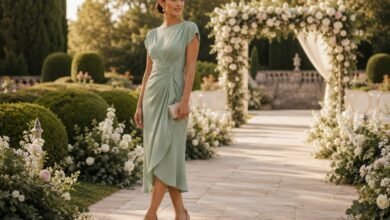 Stylish garden wedding guest in a sage midi dress at an elegant outdoor ceremony with floral arch, stone path, and manicured greenery
