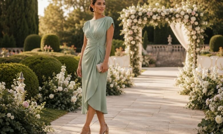 Stylish garden wedding guest in a sage midi dress at an elegant outdoor ceremony with floral arch, stone path, and manicured greenery