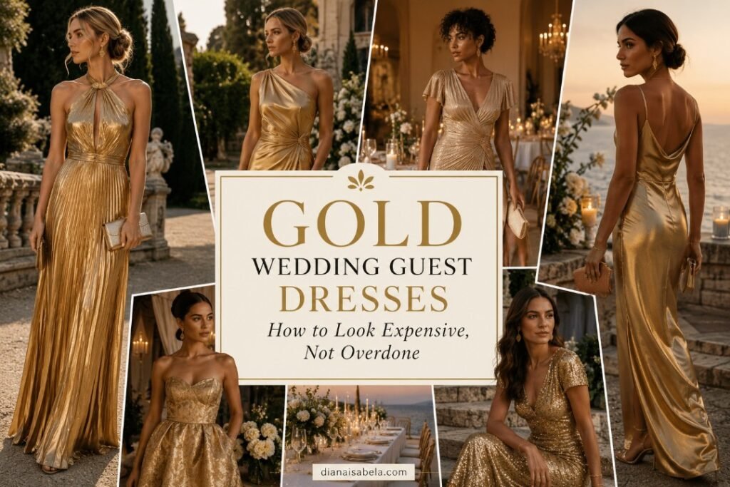 Gold Wedding Guest Dresses: How to Look Expensive, Not Overdone 2 Gold wedding guest dresses styled with elegant shine for formal, cocktail, and evening wedding celebrations