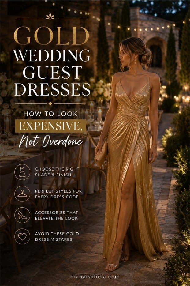 Gold Wedding Guest Dresses: How to Look Expensive, Not Overdone 3 Gold wedding guest dresses styled with elegant shine for a polished wedding guest look