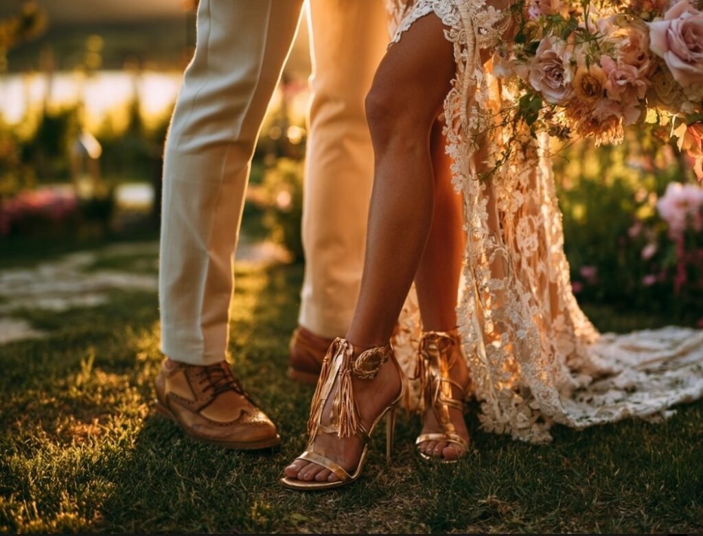 What Shoes to Wear to an Outdoor Wedding: Stylish Options That Won’t Ruin Your Night 2 Gold wedding guest heels styled for an outdoor ceremony with warm evening light and floral details