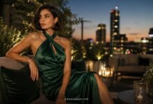 Elegant woman in an emerald green satin wedding guest dress at a luxury rooftop evening reception