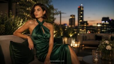 Elegant woman in an emerald green satin wedding guest dress at a luxury rooftop evening reception