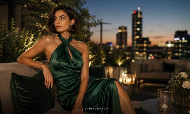 Elegant woman in an emerald green satin wedding guest dress at a luxury rooftop evening reception