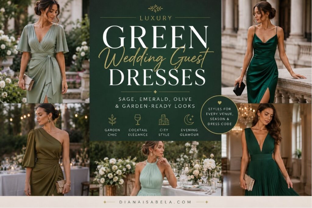 Luxury green wedding guest dresses banner with different women wearing sage, emerald, olive, and mint dresses