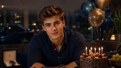 Heartfelt birthday wishes for son with a stylish young man celebrating with cake, gifts, balloons, and a warm family birthday mood