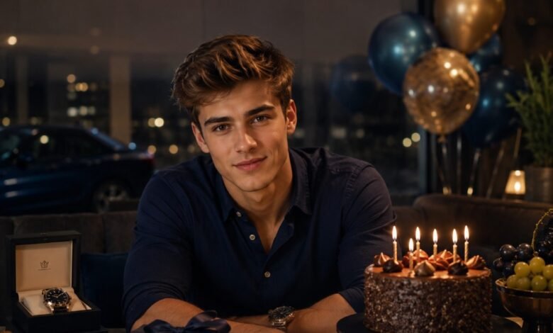 Heartfelt birthday wishes for son with a stylish young man celebrating with cake, gifts, balloons, and a warm family birthday mood