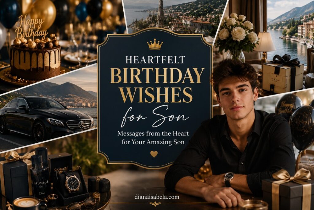 Heartfelt birthday wishes for son with elegant birthday cake, thoughtful gifts, luxury watch, balloons, and warm parent message inspiration