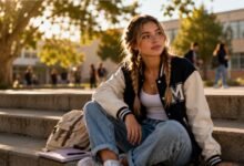 Confident teen girl sitting on school courtyard steps with backpack, notebook, varsity jacket, jeans, sneakers, and golden afternoon light
