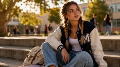 High School Self Confidence Glow Up from the Inside Out 34 Confident teen girl sitting on school courtyard steps with backpack, notebook, varsity jacket, jeans, sneakers, and golden afternoon light