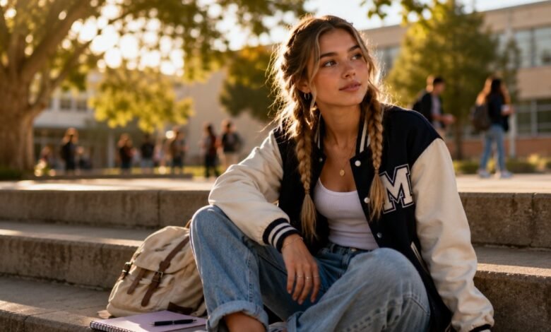 Confident teen girl sitting on school courtyard steps with backpack, notebook, varsity jacket, jeans, sneakers, and golden afternoon light