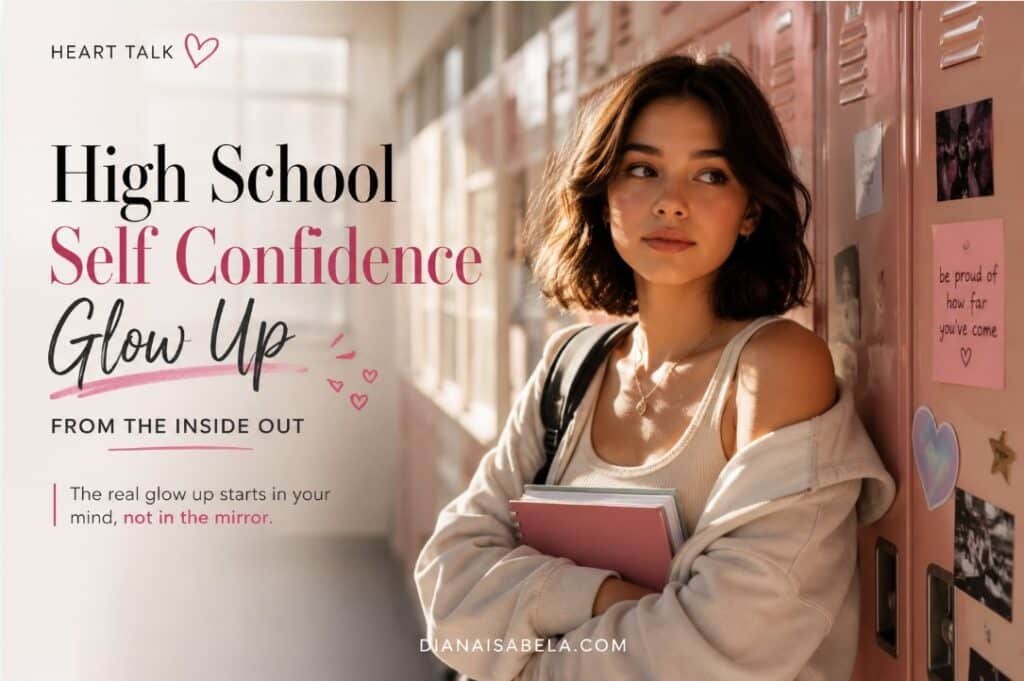 High School Self Confidence Glow Up from the Inside Out 2 High school self confidence glow up cover with a stylish girl by pink lockers, notebooks, soft sunlight, and an inside-out confidence message