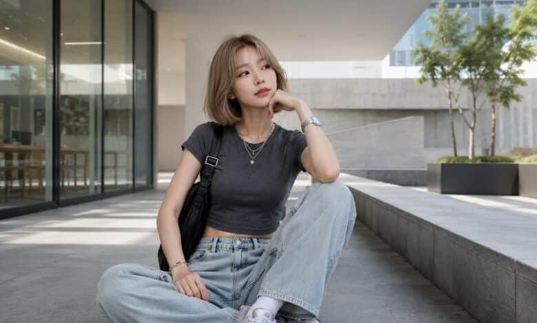 Acubi outfit with basic clothes, fitted charcoal tee, loose light denim, white sneakers, black bag, silver jewelry, and modern city styling