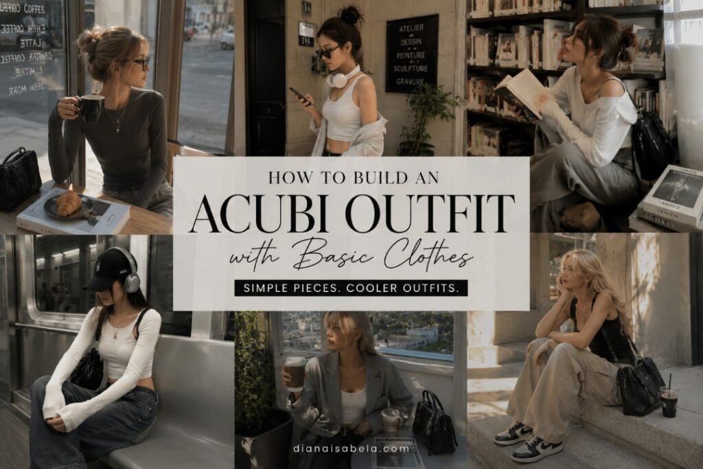 Acubi outfit ideas with basic clothes, fitted tops, loose denim, black bags, headphones, sneakers, coffee moments, study spaces, and modern city styling