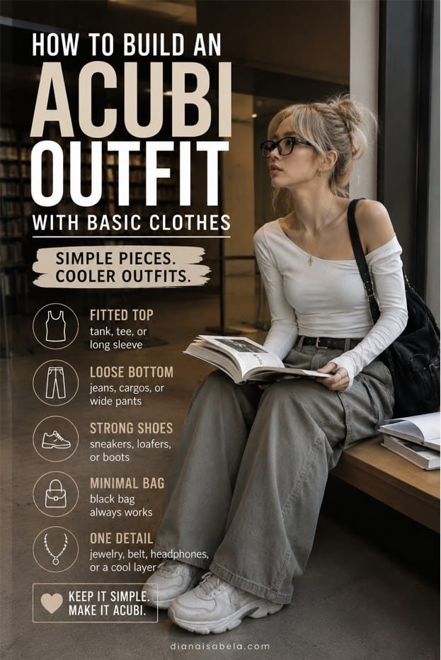Acubi outfit guide with basic clothes, fitted white top, loose grey pants, white sneakers, black bag, silver jewelry, and simple styling steps
