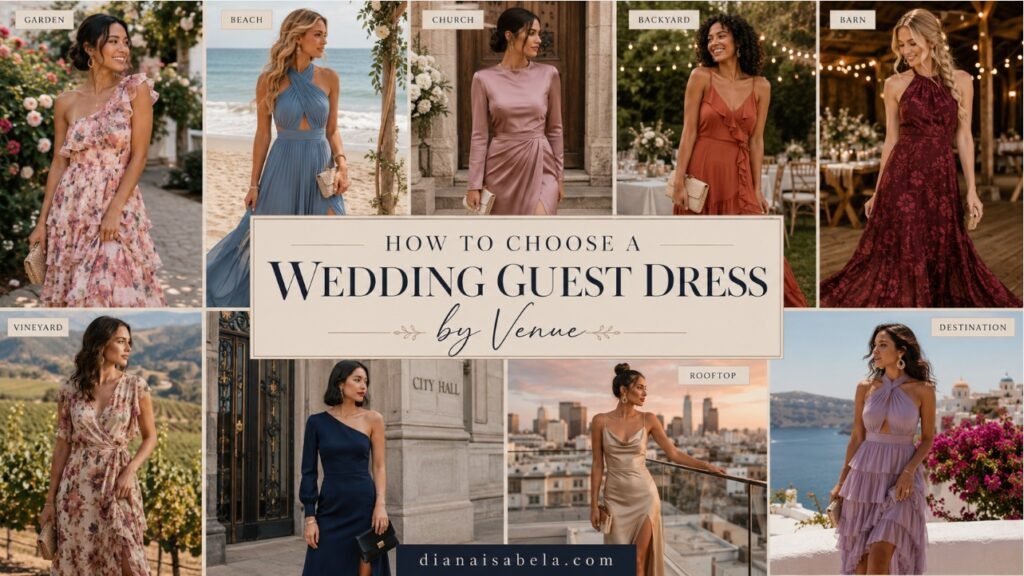 How to Choose a Wedding Guest Dress by Venue 2 Wedding guest dress by venue collage with different women wearing outfits for garden, beach, church, backyard, barn, vineyard, city hall, rooftop, and destination weddings