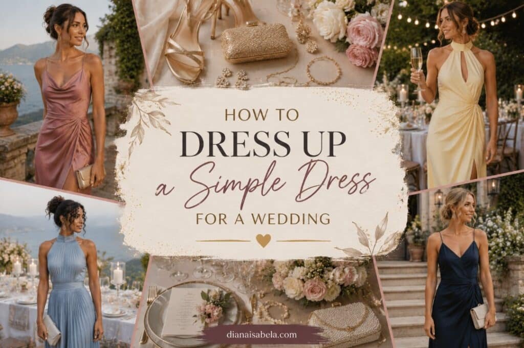 Simple wedding guest dress styled with elegant accessories, polished shoes, and refined celebration outfit ideas