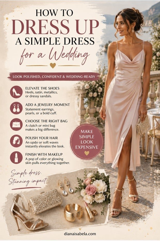 Simple wedding guest dress styled with gold heels, statement jewelry, a pearl clutch, and polished beauty details