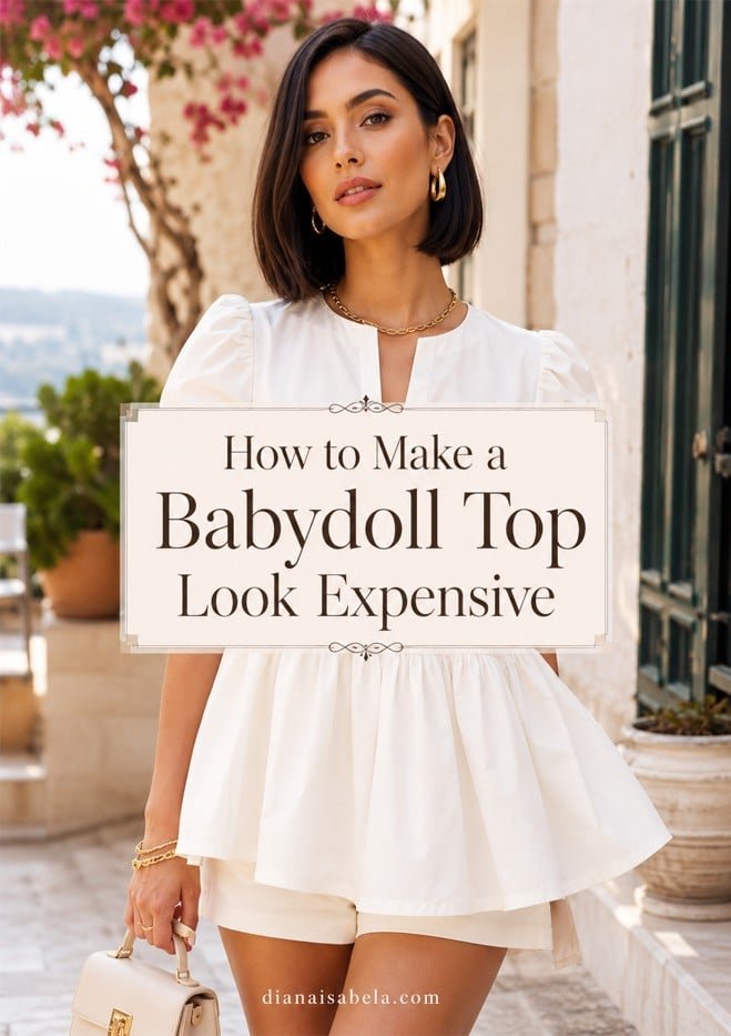 Vertical Pinterest graphic of a woman with a sleek dark bob wearing a white babydoll top in an expensive-looking outfit