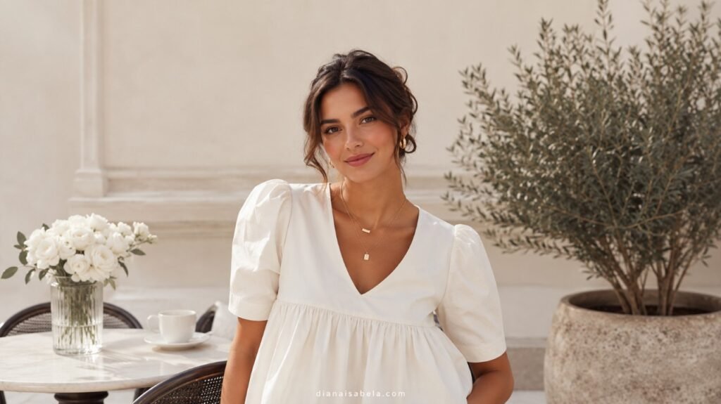 Woman wearing a white babydoll top with polished jewelry in a clean elegant courtyard setting