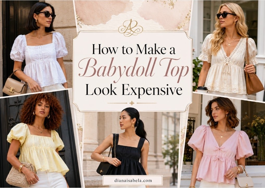 Editorial collage of different women wearing expensive-looking babydoll tops in polished outfit ideas