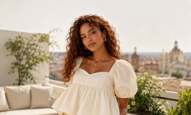 Woman with curly red hair wearing a cream babydoll top in a sunlit rooftop fashion setting