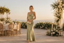 Elegant wedding guest outfit with a sage satin dress, soft gold accessories, and polished styling for a refined wedding celebration