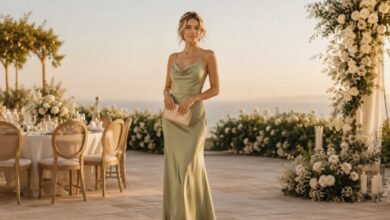 Elegant wedding guest outfit with a sage satin dress, soft gold accessories, and polished styling for a refined wedding celebration