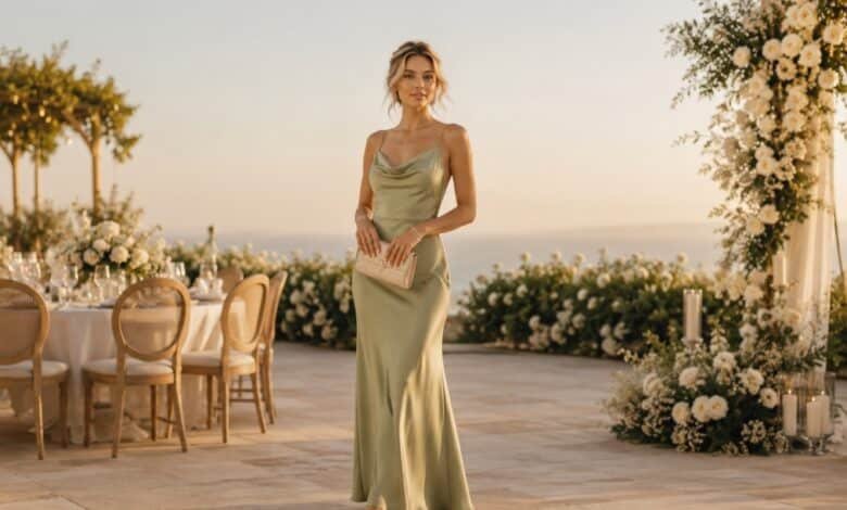 Elegant wedding guest outfit with a sage satin dress, soft gold accessories, and polished styling for a refined wedding celebration