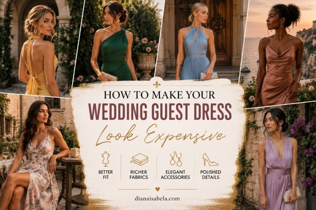 Wedding guest dress styling collage with elegant outfit ideas for better fit, richer fabrics, polished accessories, and refined occasion dressing